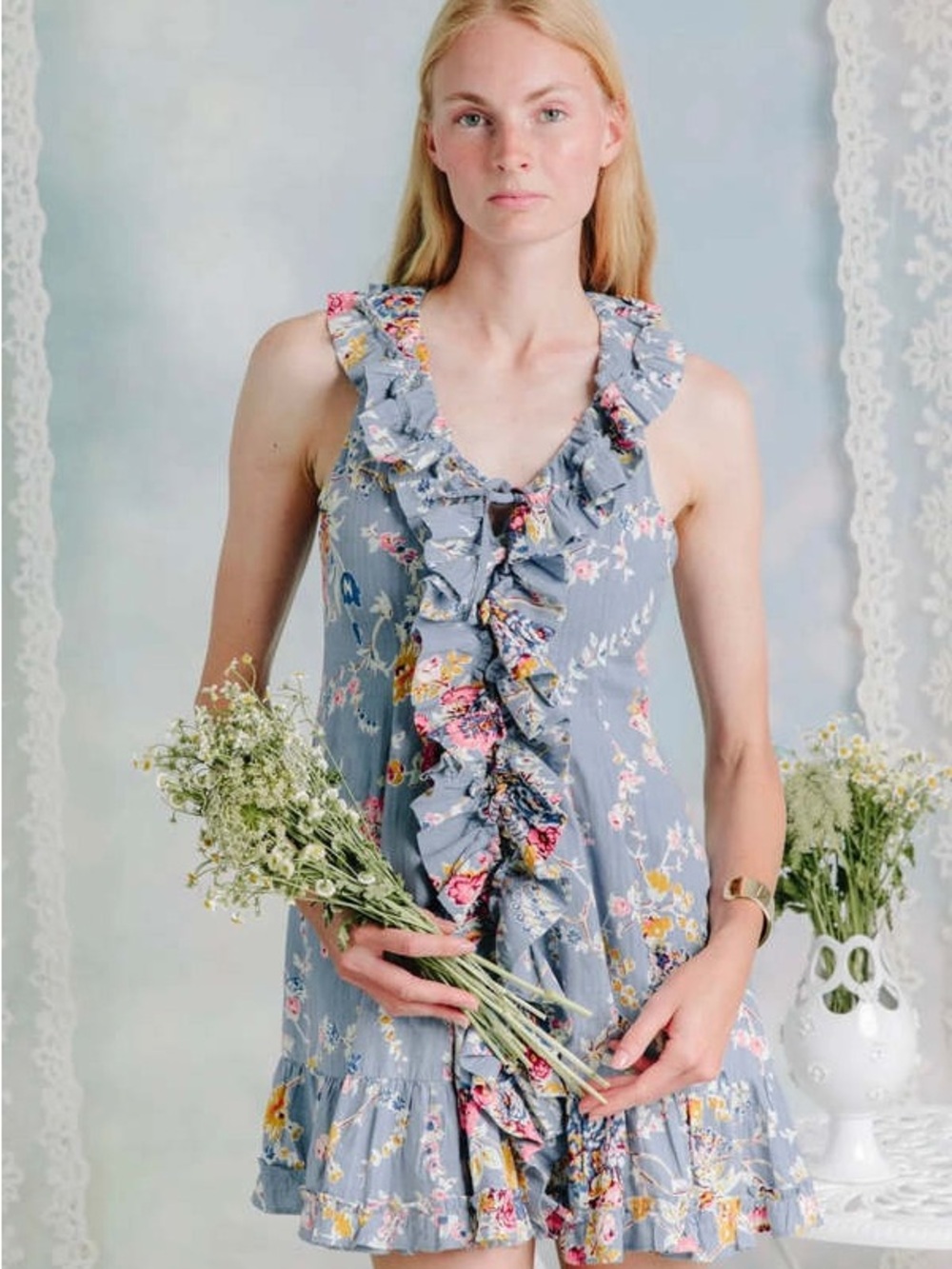 Ruffle-Front Floral Sundress in Dusty Blue